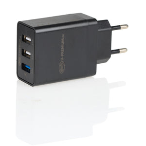 Premium 230V 3-port USB charger 3.0 black