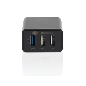 Premium 230V 3-port USB charger 3.0 black