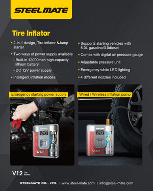 SteelMate V12 – 3 in 1 Jump Starter & Tire Inflator & Power Bank